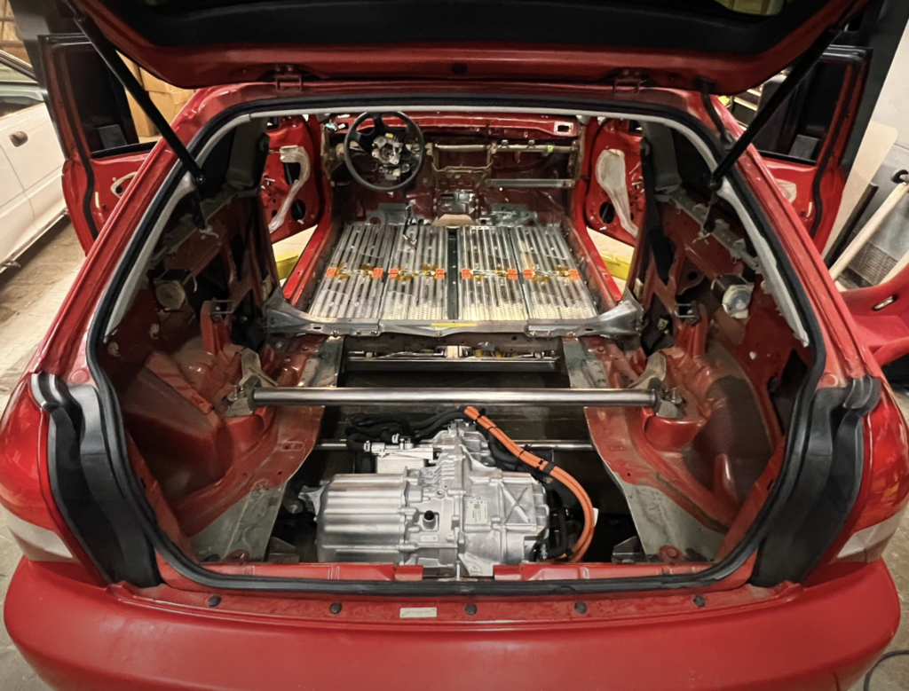 Tesla Swapped Honda Civic Rear Mounted Motor and Battery Assembly